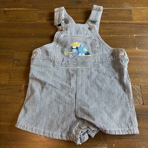 Vintage Mary Engelbreit Train Overalls Stripe Shorts Embroidered Baby Boy 6/9M